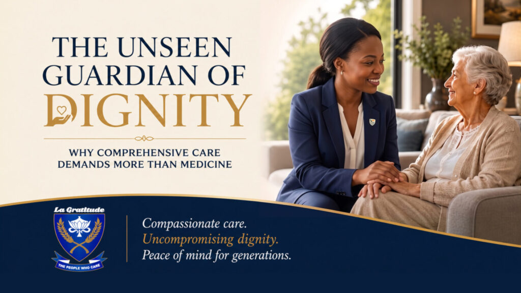 Life as a Social Worker Delivering Comprehensive Care Beyond Medicine 1 A dedicated gerontological social worker in a navy blazer holding hands with a senior resident at La Gratitude, illustrating comprehensive care with the title "The Unseen Guardian of Dignity."