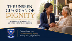 Life as a Social Worker Delivering Comprehensive Care Beyond Medicine 2 A dedicated gerontological social worker in a navy blazer holding hands with a senior resident at La Gratitude, illustrating comprehensive care with the title "The Unseen Guardian of Dignity."