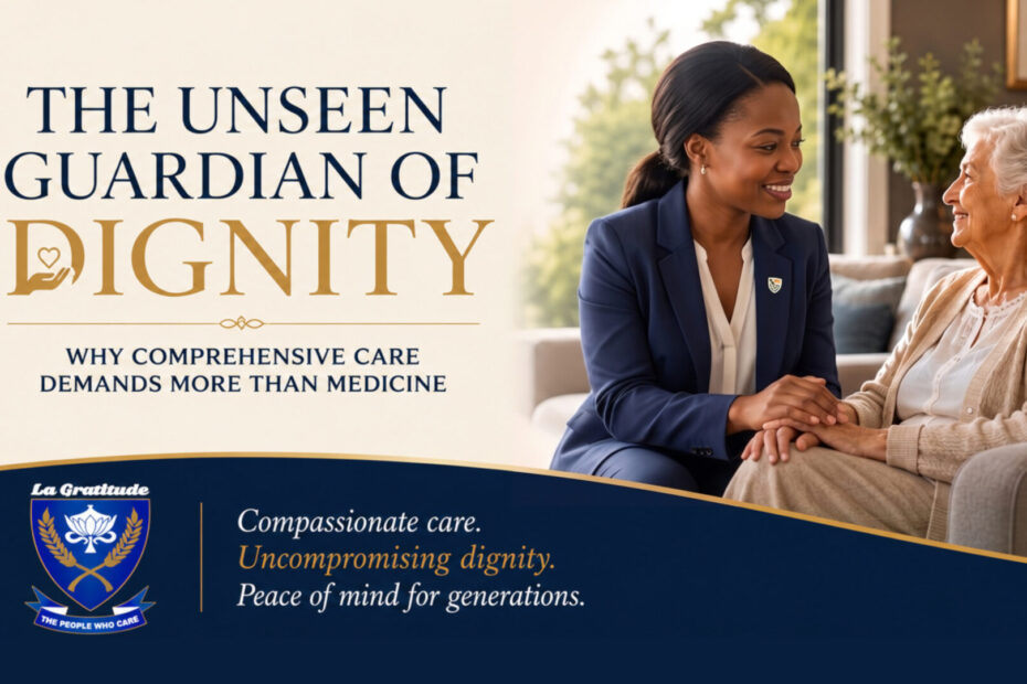 Life as a Social Worker Delivering Comprehensive Care Beyond Medicine 1 A dedicated gerontological social worker in a navy blazer holding hands with a senior resident at La Gratitude, illustrating comprehensive care with the title "The Unseen Guardian of Dignity."