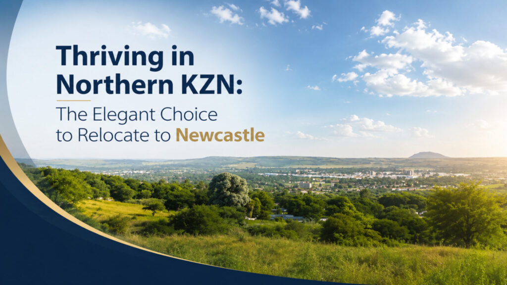 Thriving in Northern KZN: The Elegant Choice to Relocate to Newcastle 9 Scenic landscape view of the lush, rolling hills of Newcastle, South Africa, featuring the text 'Thriving in Northern KZN: The Elegant Choice to Relocate to Newcastle'