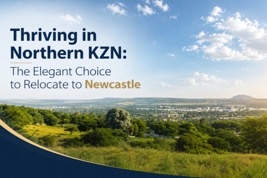 Scenic landscape view of the lush, rolling hills of Newcastle, South Africa, featuring the text 'Thriving in Northern KZN: The Elegant Choice to Relocate to Newcastle'
