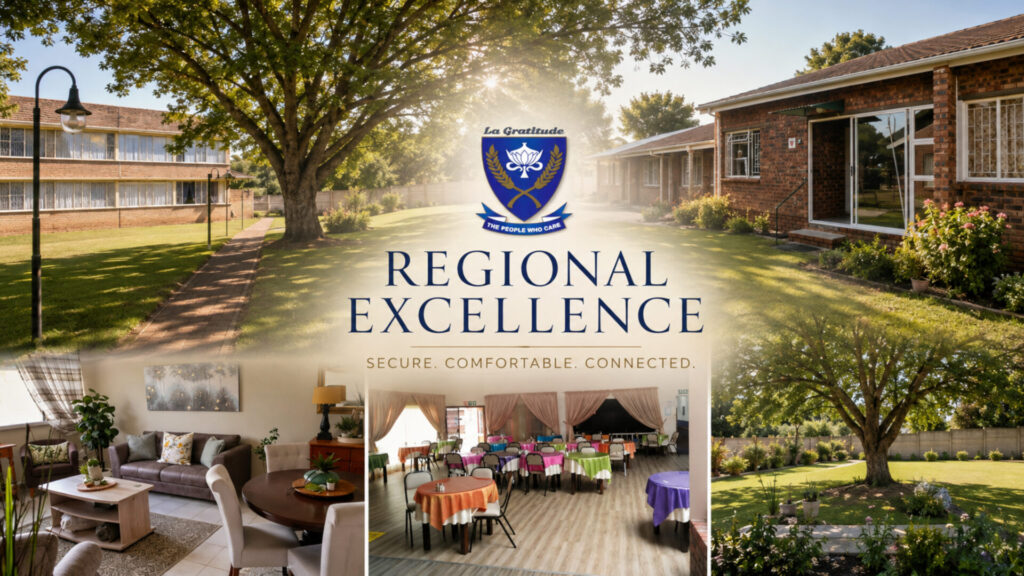 La Gratitude retirement village collage titled Regional Excellence, highlighting secure, comfortable, and connected facilities including modern living spaces, a dining area, and spacious landscaped gardens.