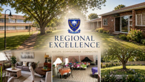 La Gratitude retirement village collage titled Regional Excellence, highlighting secure, comfortable, and connected facilities including modern living spaces, a dining area, and spacious landscaped gardens.