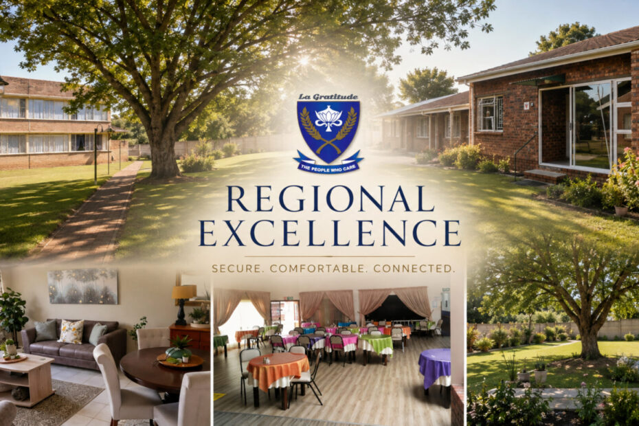 The Urban Retiree's Guide to a Successful Strategic Relocation 1 La Gratitude retirement village collage titled Regional Excellence, highlighting secure, comfortable, and connected facilities including modern living spaces, a dining area, and spacious landscaped gardens.