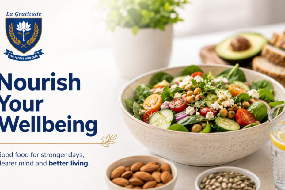 Nutritional Strategies for Seniors: What Good Retirement Nutrition Looks Like After 60 1 Nutritional Strategies for older adults featuring a fresh healthy salad, salmon, vegetables, avocado, fruit, nuts, seeds and wholegrain bread