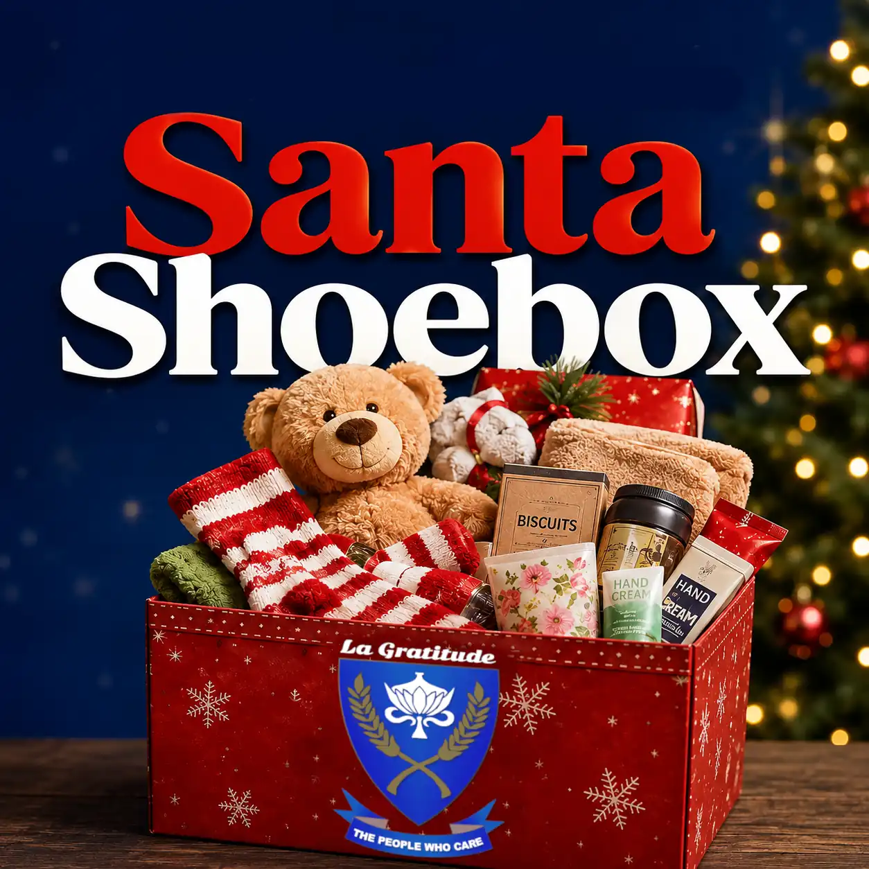 Growing Our Community with a Thoughtful New Development 20 La Gratitude's Santa Shoebox Project 2026 campaign banner showing a red donation box filled with gifts, alongside drop-off locations and a December 1st deadline.