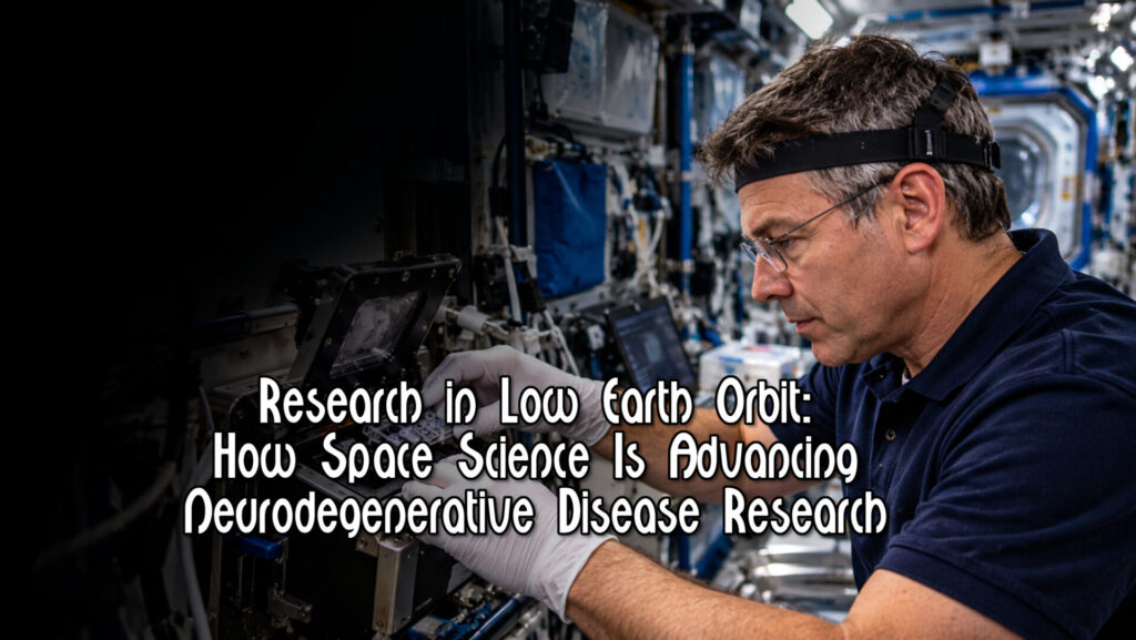 Research in Low Earth Orbit showing a scientist handling a biological sample inside a space station laboratory for research into neurodegenerative diseases.